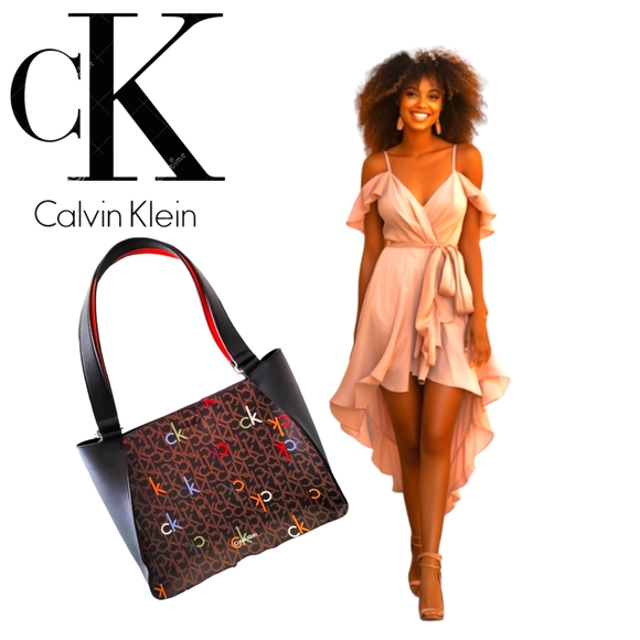 Calvin Klein Handbags - CALVIN KLEIN Leather Black and Brown Multi-Color Tote with Pouch Purse. NWT